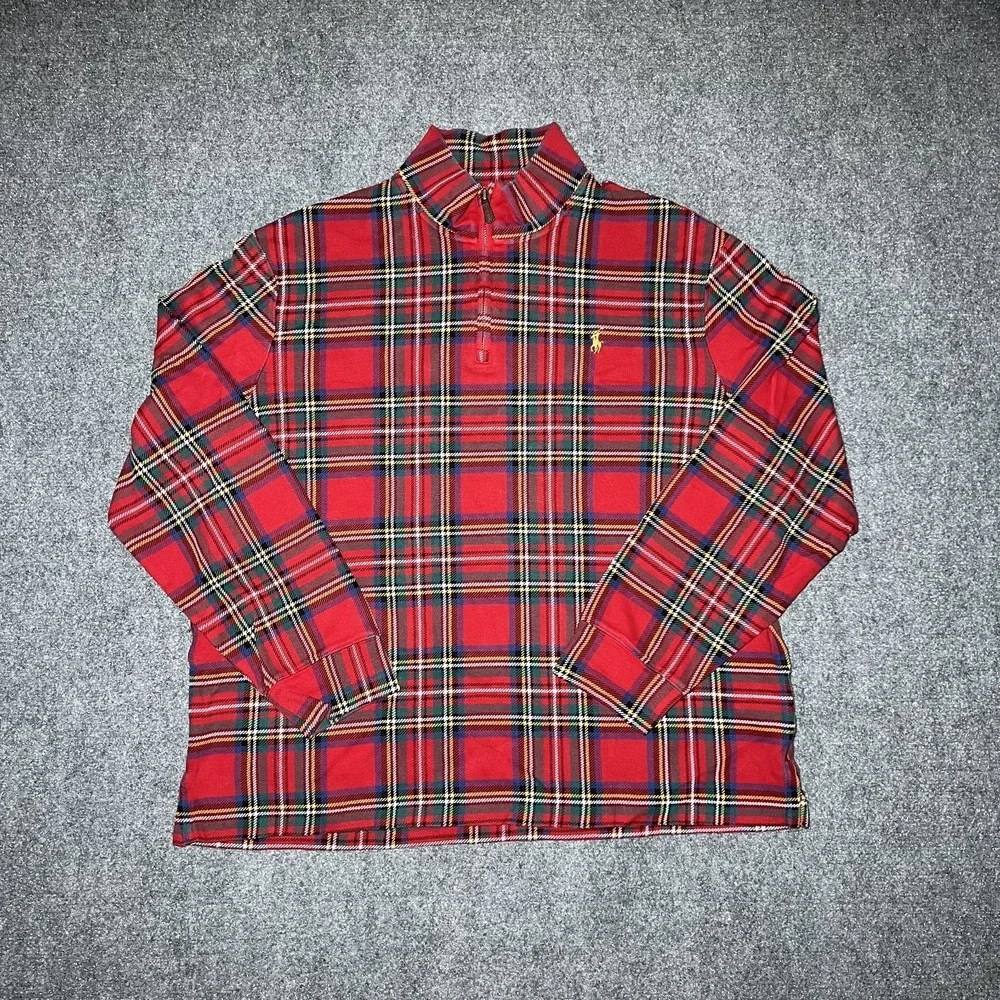 Polo Ralph Lauren Estate Rib Quarter-Zip Madras Plaid Pullover Sweater Men XL